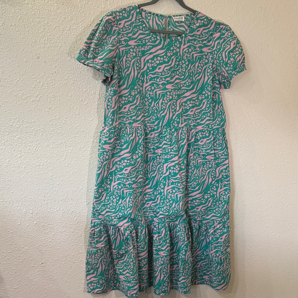 Teal and Pink Abstract Tiered Midi Dress